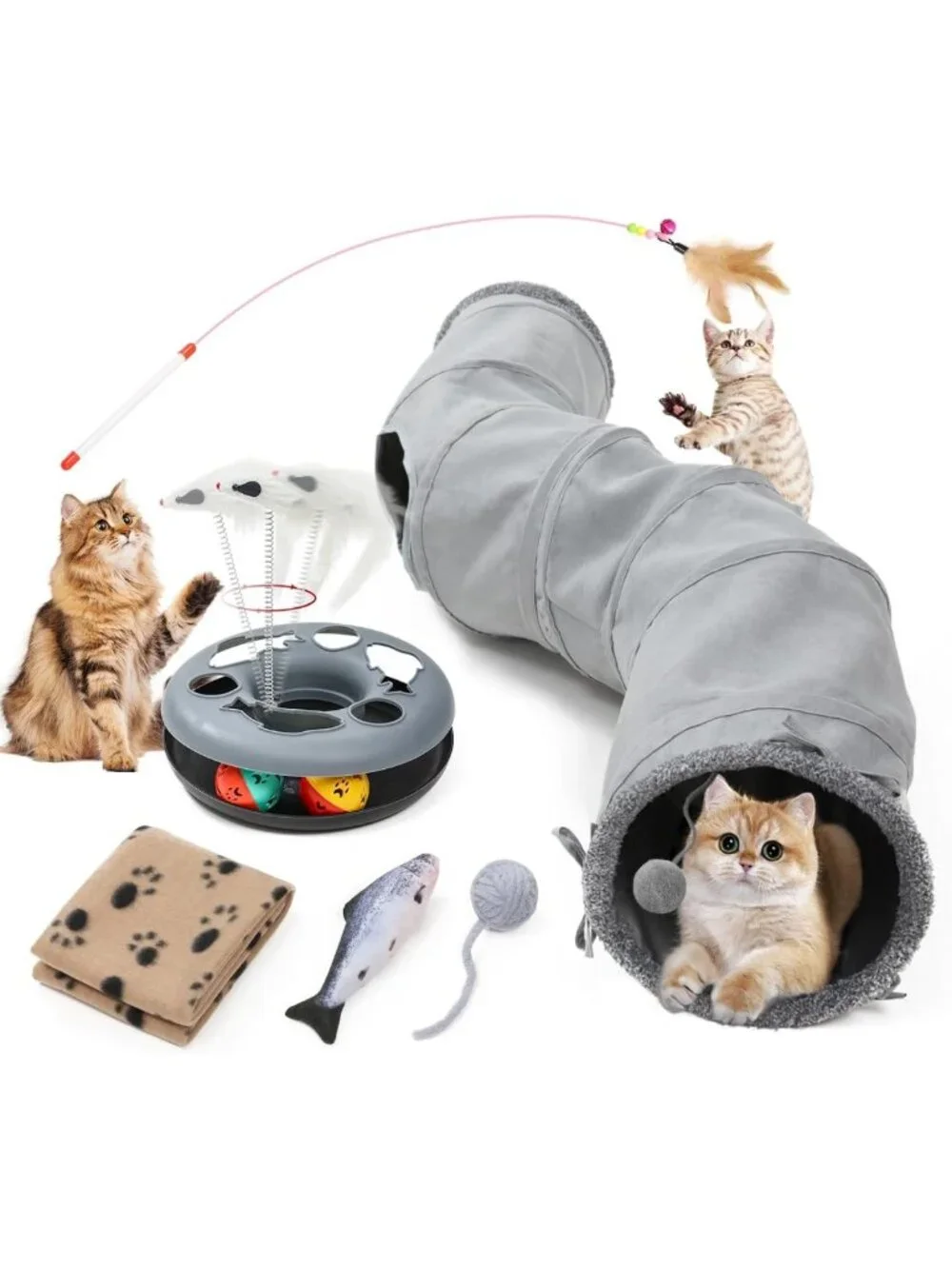 Collapsible 2-Way Cat Tunnel Tube with Peephole & Hanging Ball - Fun Maze for